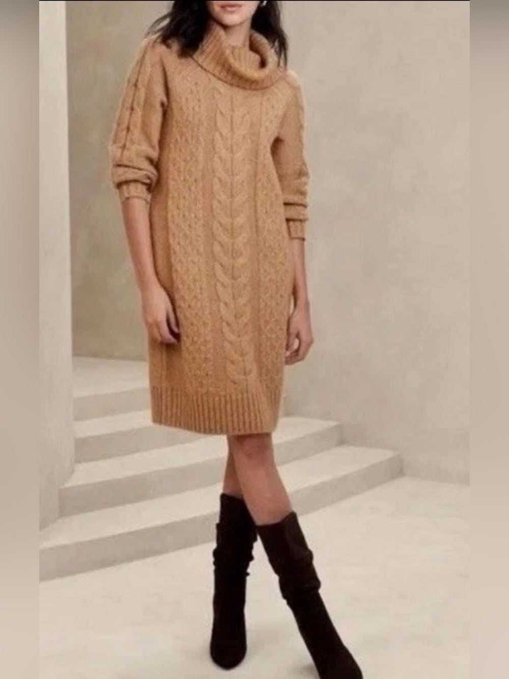 Banana Republic Factory Cable Knit Cowl Neck Sweater Dress Wool Alpaca LP